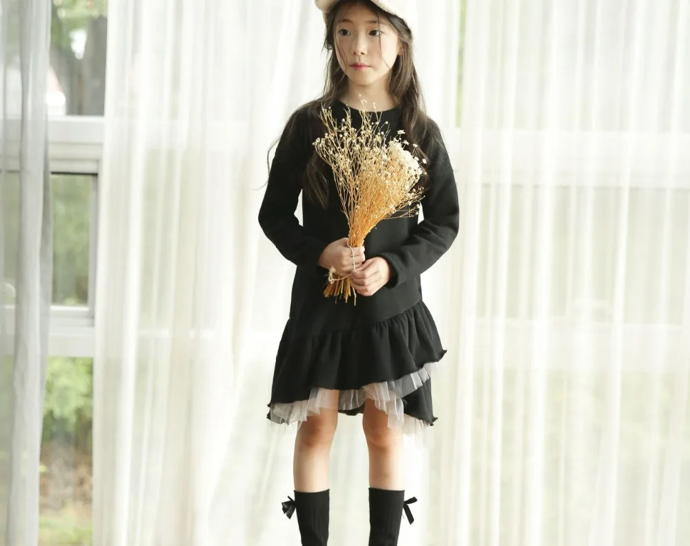 new 2018 mesh patchwork teenage girls long sleeve dresses for kids autumn winter black ruffles sweatshirt dress children clothes (12)