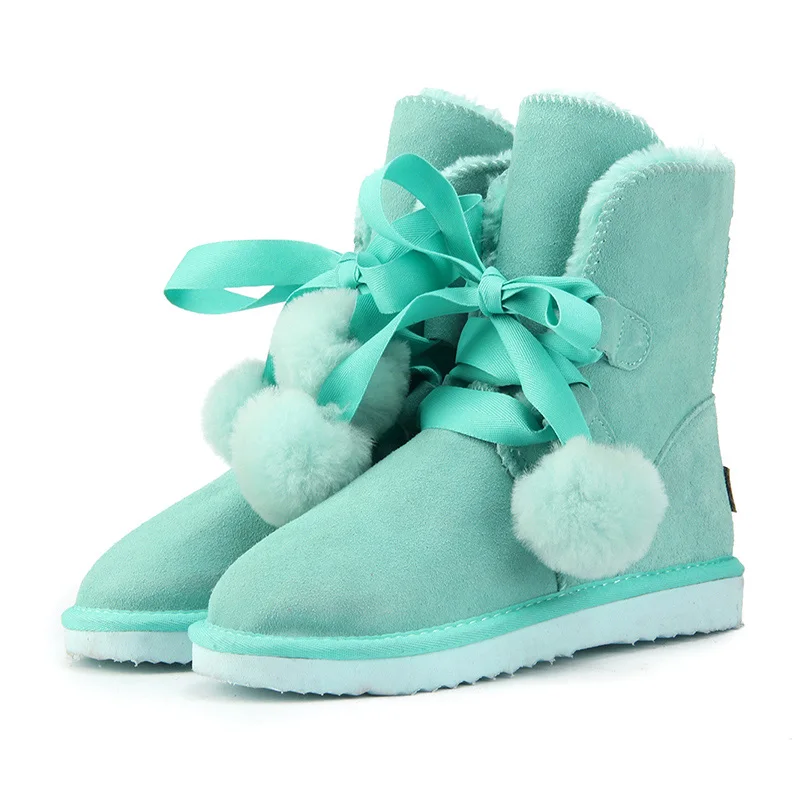HABUCKN/Модные женские замшевые зимние ботинки на шнуровке из натуральной кожи; зимняя обувь на овечьем меху; обувь на плоской подошве; цвет коричневый - Цвет: Green Lake