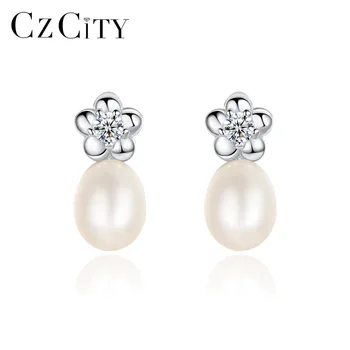 

CZCITY Brand Design Simple Flower Natural Pearl Stud Earring for Women Pure 925 Silver Freshwater Pearl Wedding Earrings Jewelry