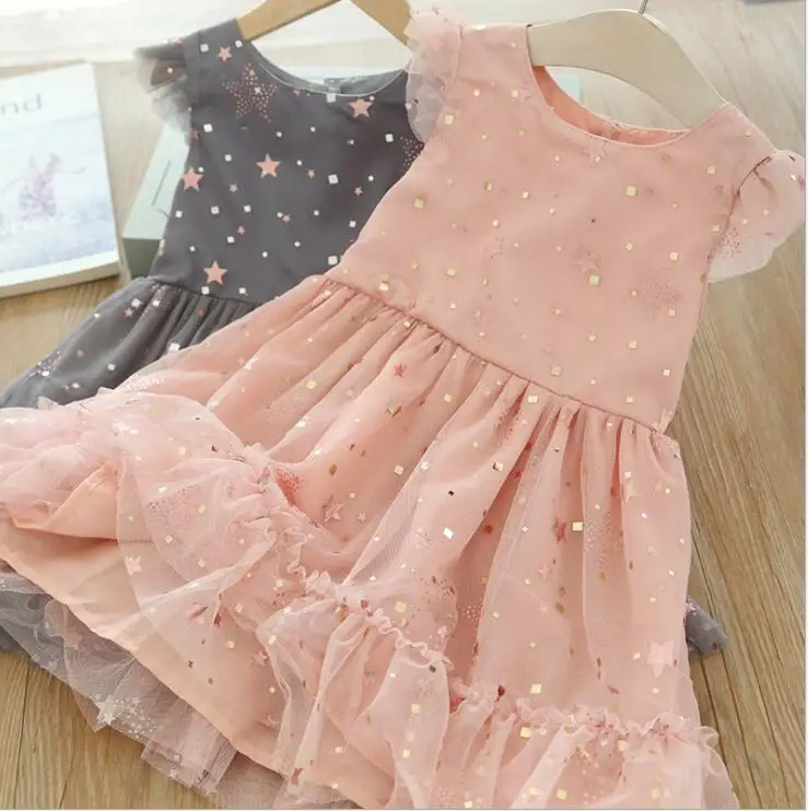

2019 Baby Girls Summer Puff Sleeve Sparkle Star Mesh Dresses, Princess Children Sweet Dress 6 pcs/lot, Wholesale