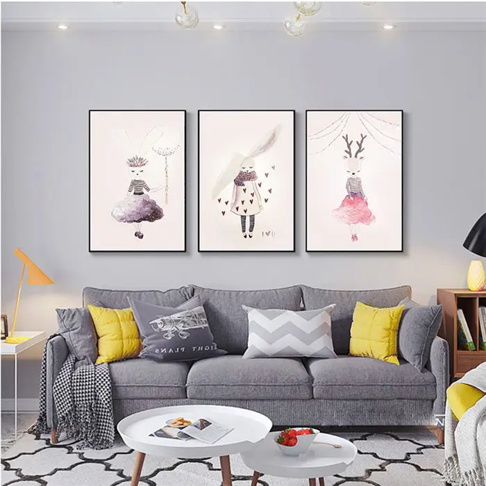 Домашний декор Скандинавская Картина на холсте настенное искусство Кролик Девочка F розовый акварельный принт ребенок сладкий спальня гостиная плакат картина - Цвет: AHK