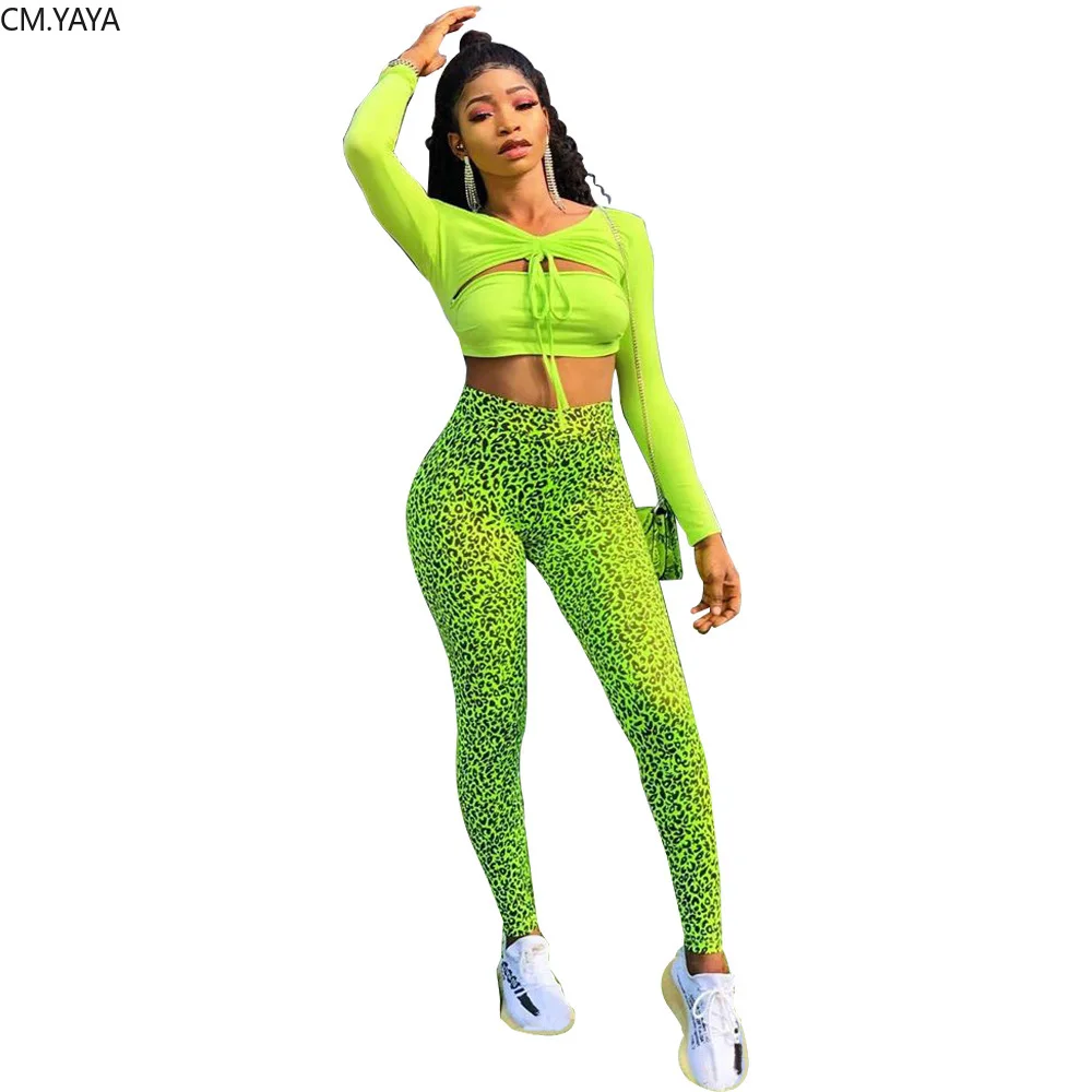 

2019 Women new summer Fluorescence green lace up top & leopard print pants suit two piece set fashion sporty tracksuit GLHY5072