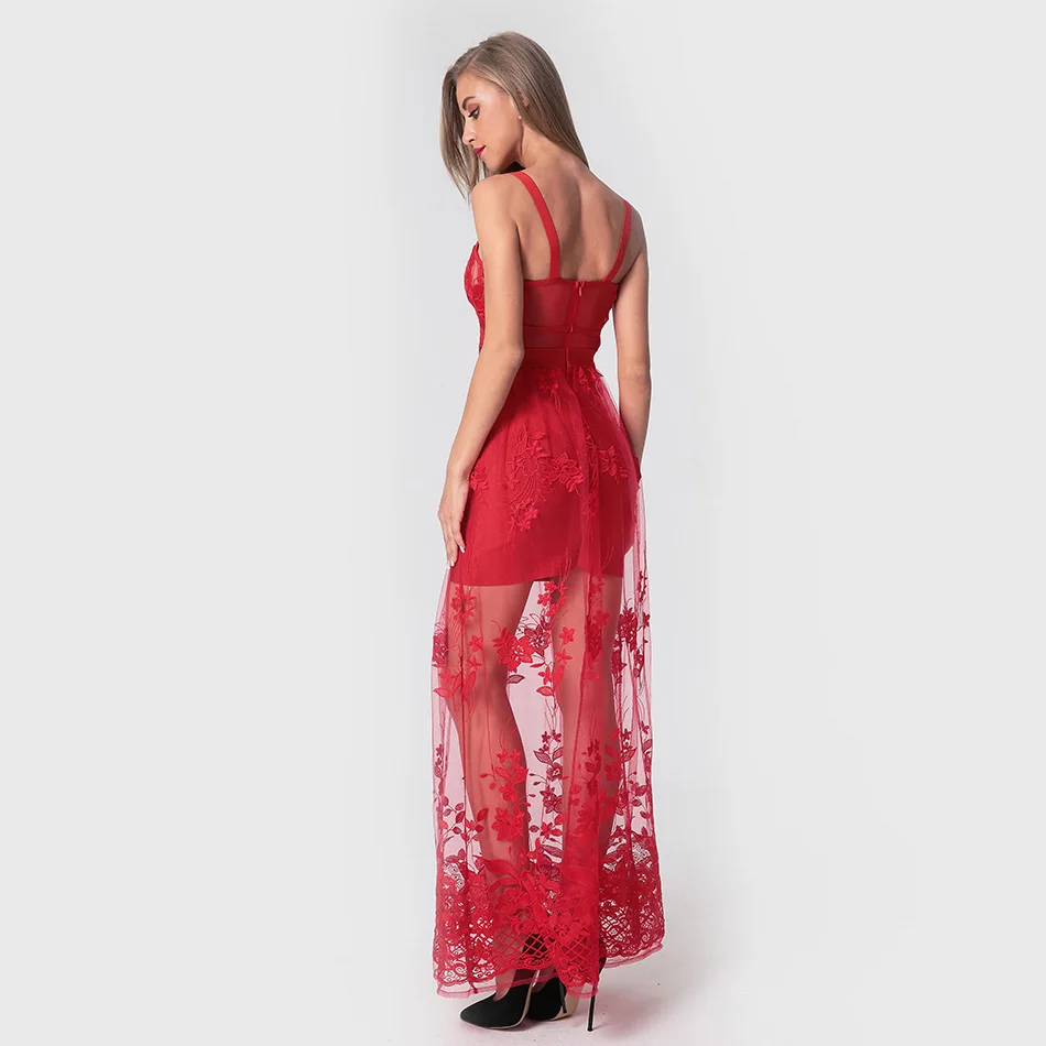 Spaghetti-Strap-Sleeveless-Lace-Embroidery-Mesh-Maxi-Dress-Women-Red-Bare-Back-Solid-Long-Evening-Party
