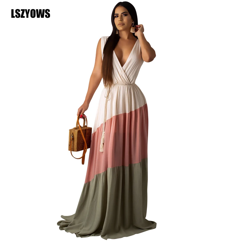 

Summer Beach Long Dress Women 2019 V-Neck Backless Loose Color Block Dresses With Belt Sleeveless Boho Maxi Party Dress Vestidos