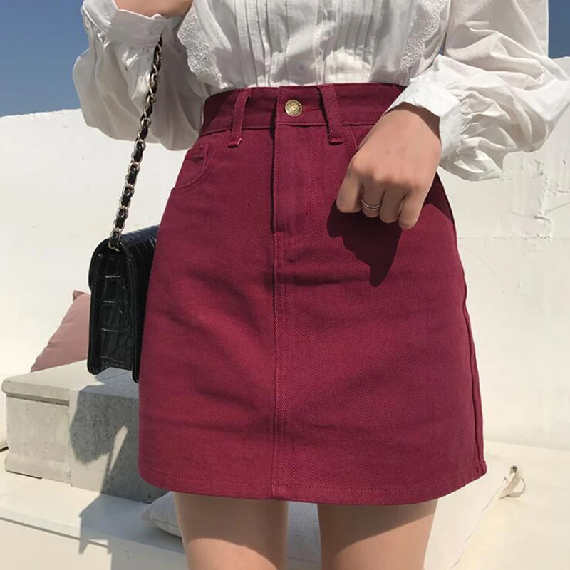 

2019 Spring Womens Vintage Cotton High Waist A-Line Skirt Fashion Streetwear Metal Button Zipper Mini Skirts