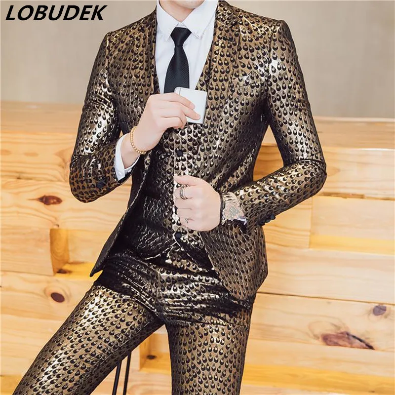 

(Jacket+vest+pants) Men's Suits Gold Blue fashion printing Blazers Prom Fromal male singer dancer stage costumes Star party suit