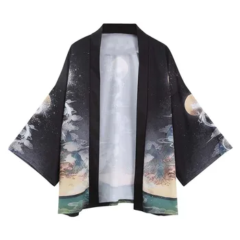 Men Long Sleeve Shirt Chinese Style Summer Loose Casual Kimono Black Printed Robe Retro Leisure Vacation Chemise Longue Noire drop shoulder printed kimono