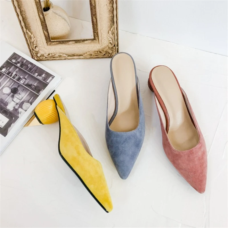 MSSTOR Kid Suede Women Mules Yellow Fashion Elegant Strange Style Rubber Women Summer Slippers Pointed Toe High Heels Slippers MSSTOR Kid Suede Women Mules Yellow Fashion Elegant Strange Style Rubber Women Summer Slippers Pointed Toe High Heels Slippers
