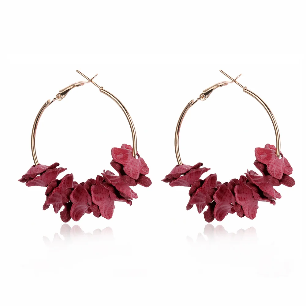 

1 Pair Elegant Fabric Flower Hoop Earrings Bijoux Sweety Colorful Petal Alloy Ear Circle Big Earrings Charm Brinco Women Jewelry