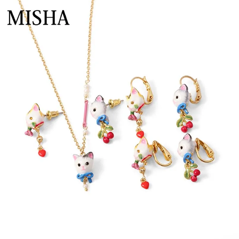 

MISHATop Quality Handmade Enamel glaze jewelry set necklace For Cut Cat Shape simulation Gems Fine Chic Earrings Sets 719