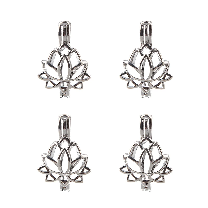 

5pcs Silver Lotus Flower Pearl Beads Cage Charms Locket Essential Oil Diffuser Jewelry Wholesale Copper OM OHM AUM Yoga Pendant