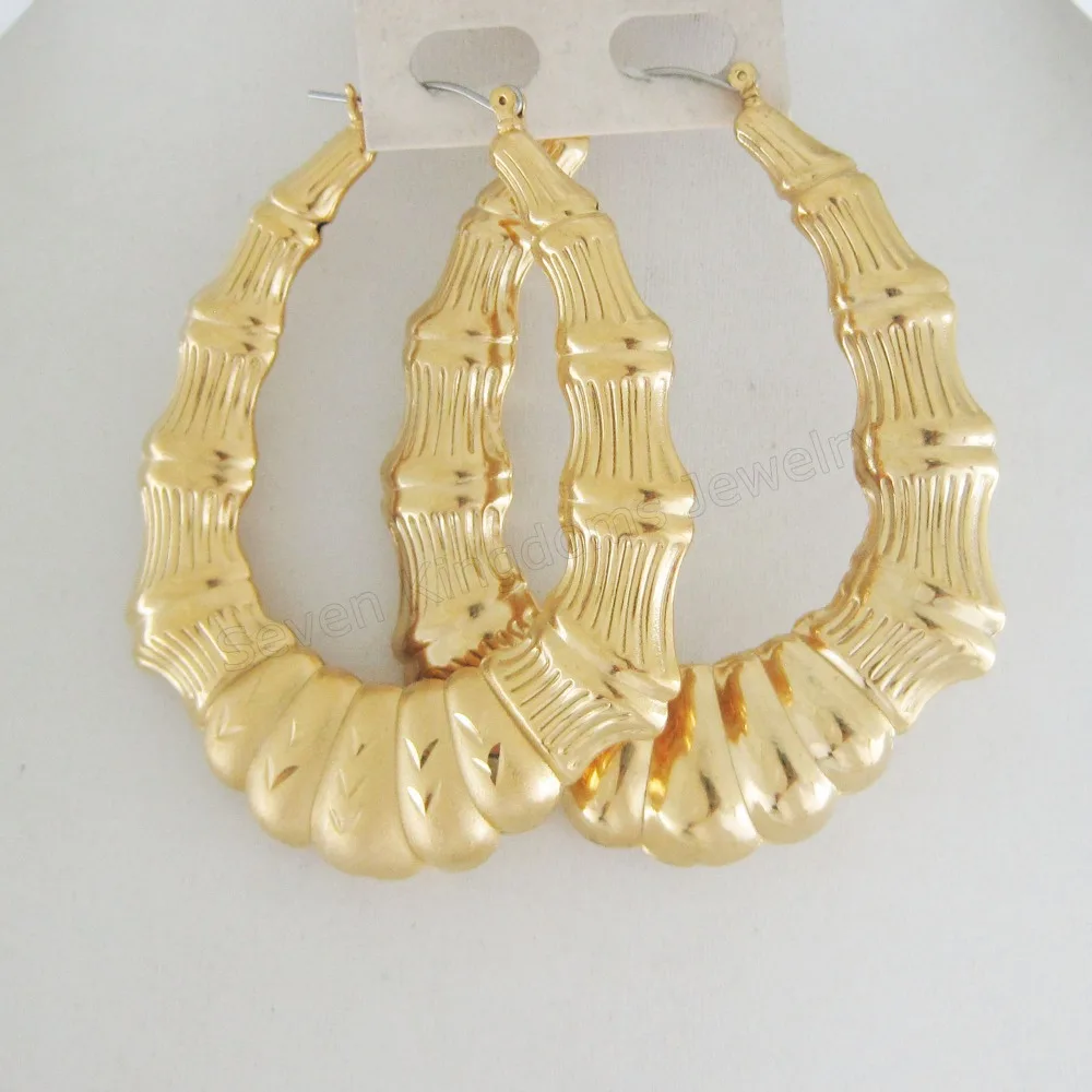 STAR CARVED BAMBOO PATTERN HOLLOW - YELLOW GOLD GP HUGE BIG HOOP TALL 70MM 2.76&quot OVAL SHRIMP EARRING MIN ORDER 10$/ | Украшения и