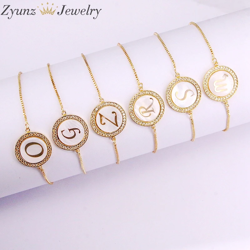 

10PCS, Micro Pave CZ Shell Letters Alphabets Connector Bracelets, 26 intitial Letter Bracelets in Gold / Silver color
