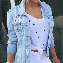 Европейская и американская Женская куртка Осенняя Новая женская джинсовая куртка с дырками модная Женская ковбойская куртка большого размера