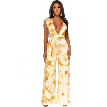 

Deep V-Neck Backless Sexy Rompers Women Jumpsuit Lace Up Bandage Sleeveless Printed Long Bodysuits Wide Leg Party Club Overalls