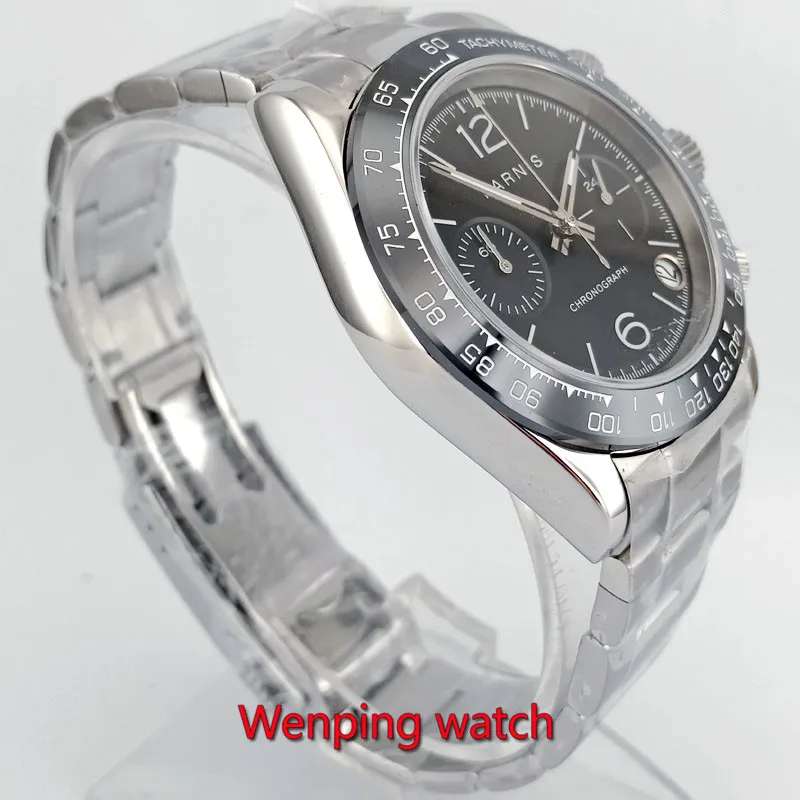 Роскошный бренд parnis 39 мм черный циферблат Керамическая рамка Хронограф сапфировое стекло relogio masculino кварцевые мужские часы