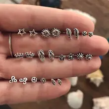 11 пар/лот, уникальный дизайн, винтажный Маленький Комплект сережек для женщин, Панк розовая Корона, солнце, звезды, перо, геометрическое животное, ухо Aros