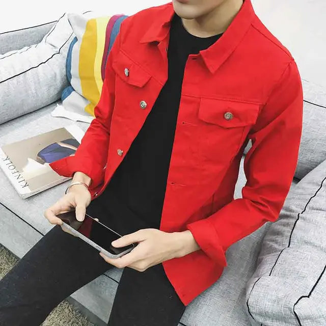 2019 Autumn stretch casual cheap denim jacket men's slim white/red