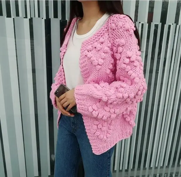 2019 Winter Pink Ball Cardigans Women Lantern Sleeve Knitted Loose Sweaters Oversized Open Stitch Ladies Outerwear Poncho Women
