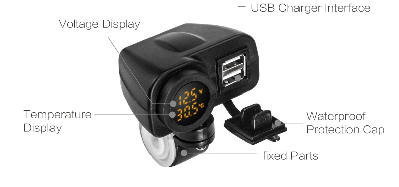 Мотоциклетный мото двойной USB вольтметр зарядное устройство 5 В 2.1A Зарядка для телефона gps 12 в 24 В светодиодный вольтметр дисплей термометр в режиме реального времени