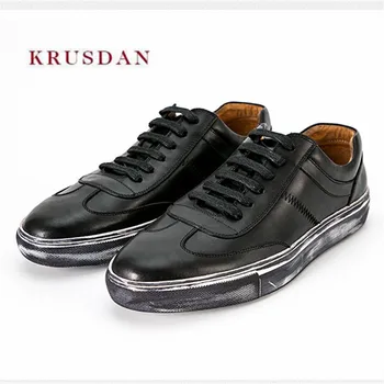 

KRUSDAN Black Casual Men Shoes Genuine Leather Flats Lace-Up Vulcanized Shoes Men's Fashion Breathable Sports Sneakers Footwear