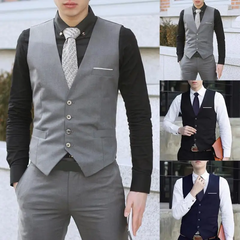Высококачественная Мужская модная деловая Повседневная одежда жилет Костюм приталенный смокинг Повседневная жилетка с v-образным вырезом