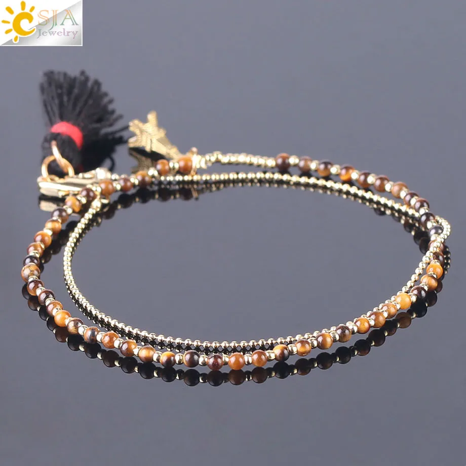 

CSJA Cute Bracelets for Women Gold Color Mini Glass Bead Tassel Pendant Double Layer Eiffel Tower Bracelet Handmade Jewelry S140