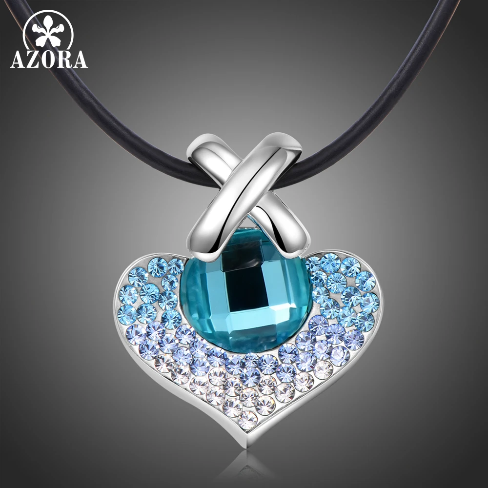AZORA Big Heart Pendant Necklace for Wedding Paved Blue Austrian