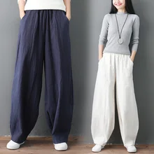 Pantalones bombachos de cáñamo de talla grande 2020 otoño M-6XL 7XL pantalones sueltos de algodón de lino plisados bolsillos grandes pantalones de pierna ancha