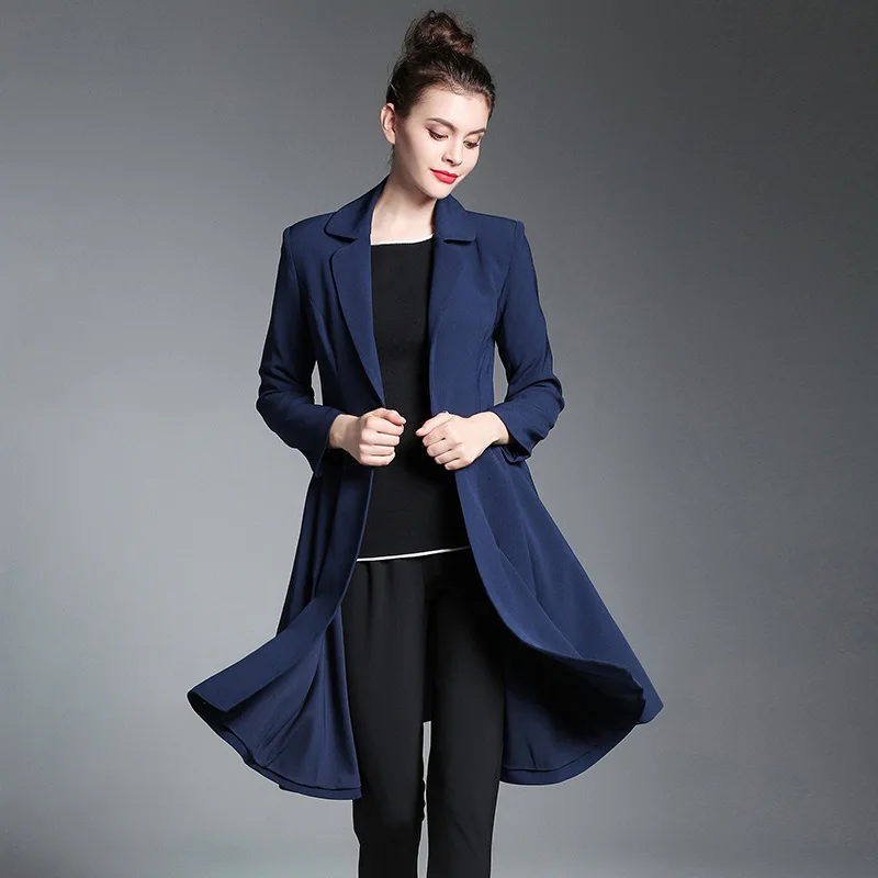 Automne 2018 Mince Manteau Mode Bleu Tranchée Unique Bouton Qualité D'affaires Outwear Style Bureau Femmes A Solide Couleur De Haute ligne RqXwgR