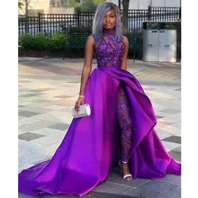 Purple Jumpsuit Evening Dresses Halter Sequined Appliques With Detachable Train Special Occasion Dress Satin African Gowns