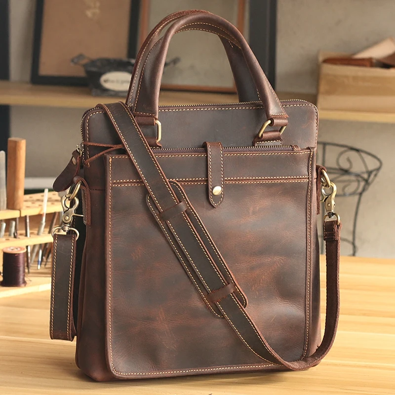 

Luxury Vintage Pure Handmade Crazy Horse Leather Briefcase Casual Shoulder Messenger Bags Vertical Genuine Leather Men Handbags