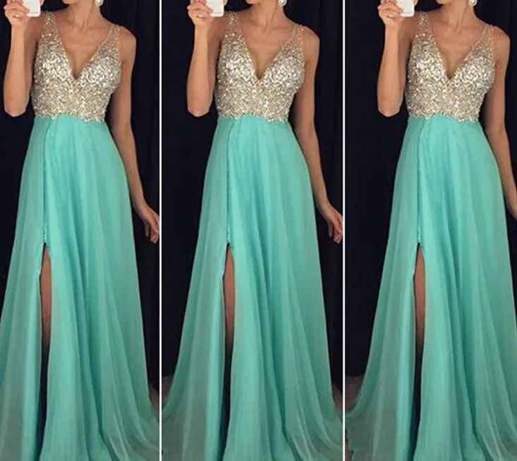 

Women Formal deep V-neck Empire Long dress sequined Evening Party Dress