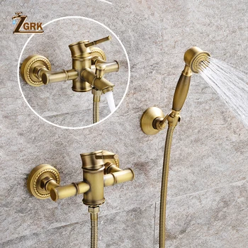 ZGRK Shower Faucets Brass Golden Wall Mounted Rainfall Bathroom Faucet Big Round Shower Head Handheld Bathtub Mixer Tap Set kemaidi brass rainfall waterfall shower head rain wall mounted bathtua shower faucets set shower system chrome mixer taps