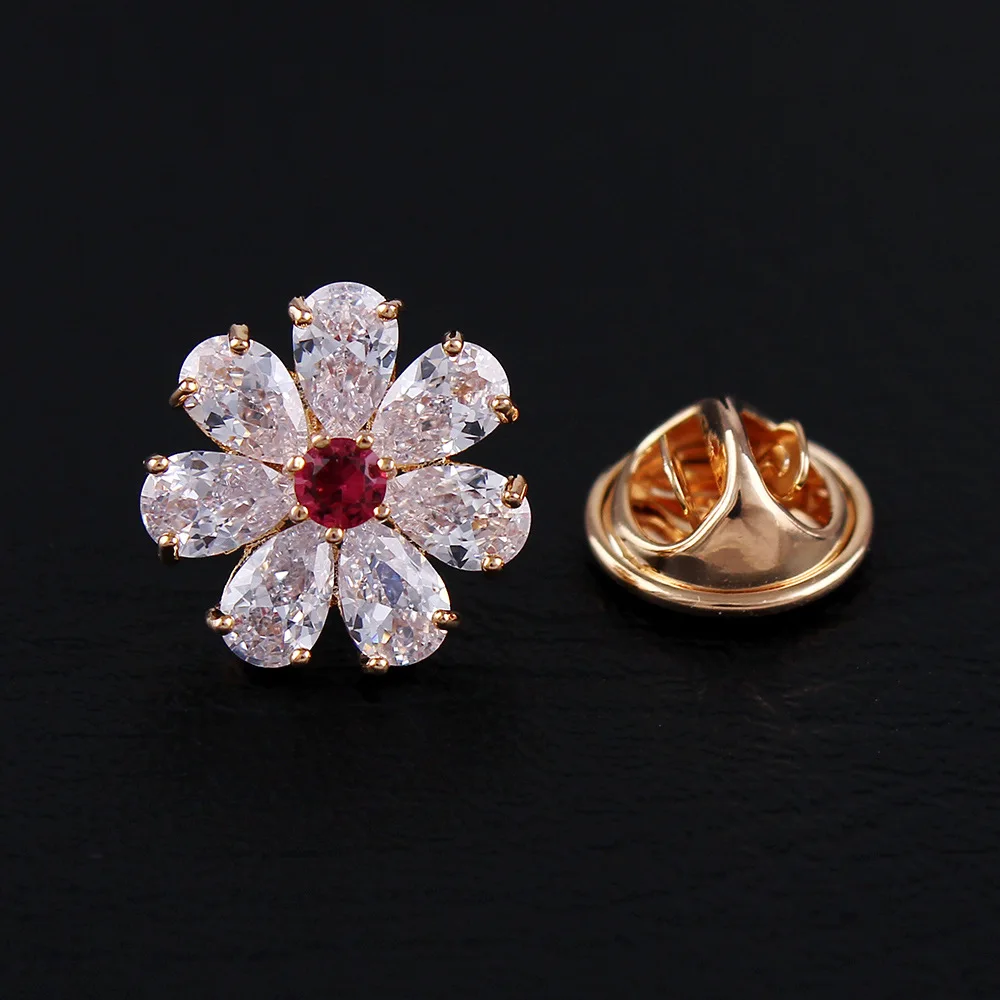 

Young Tulip New Arrival Cubic Zirconia Small Flower Collar Pins For Men And Women Unisex Wedding Suit Brooch High Quality Copper