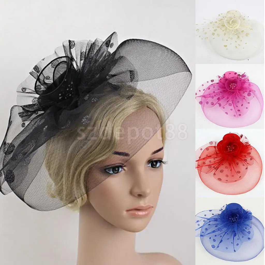 Elegant cap Floral Polka Dot Mesh Fascinator Hat on Clips Wedding Party Royal Asco Derby Race