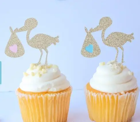 Us 14 4 20 Off Glitter Storks Party Treat Picks Cupcake Toppers Baby Shower Gender Reveal Cupcake Decor Toppers In Cake Decorating Supplies From
