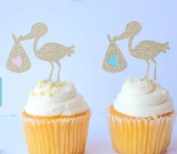 

glitter storks Party Treat Picks / Cupcake Toppers Baby Shower/Gender Reveal cupcake decor toppers