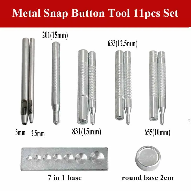 

11pcs Installation Tool Kit Set for Metal Button Size 10mm 12.5mm 15mm 831 633 655 201 with Hand Punch 2.5mm 3mm Round Base 2cm