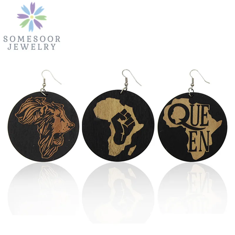 

SOMESOOR Carved African Map Natural Wood Drop Earrings Afrocetric Ethnic Lion Power Fist Queen Design For Black Women Mix 6Pair