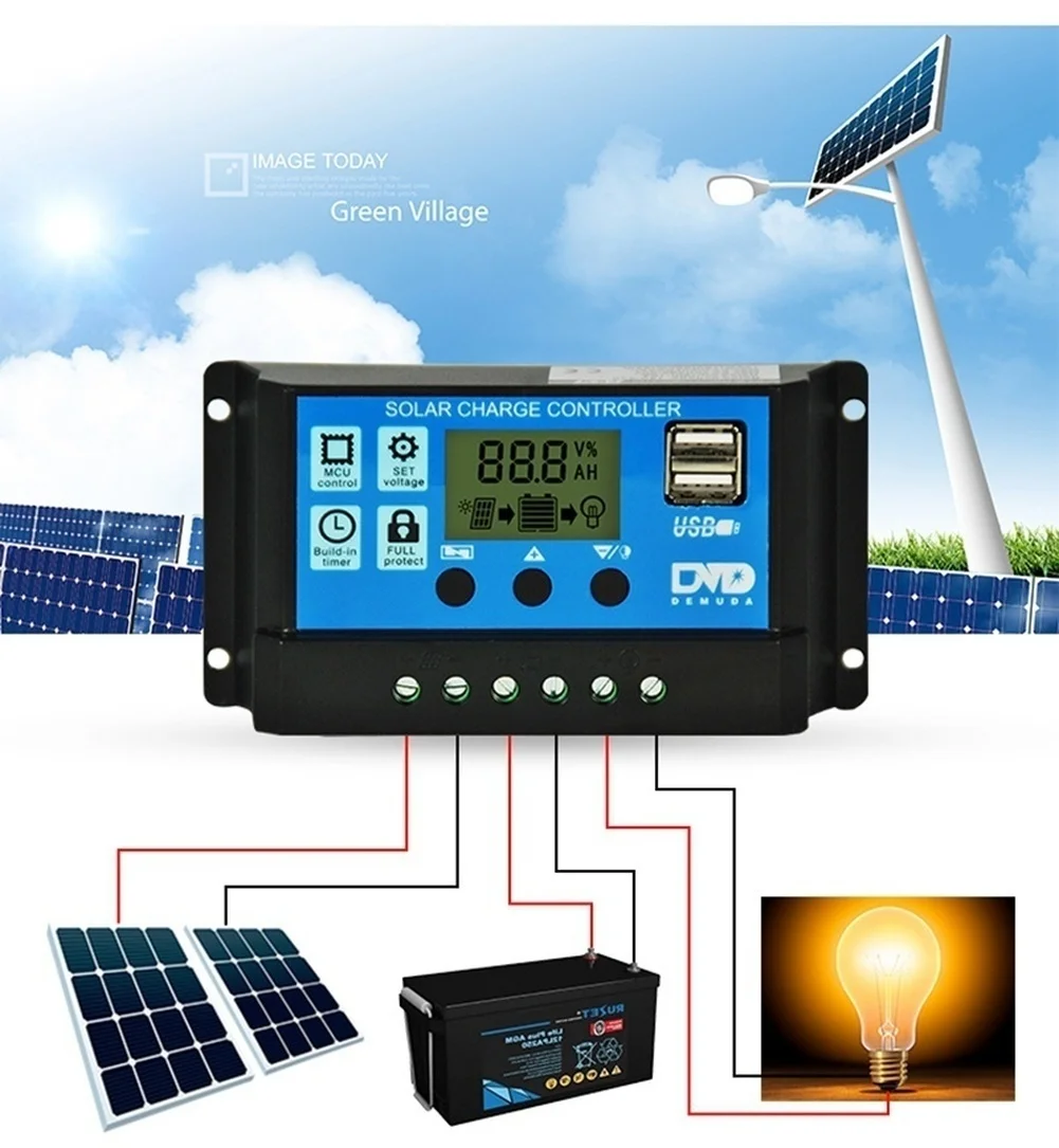 

10A 20A 30A Solar Charge Controller 12V 24V Auto Output Solar Cell Panel Regulator LCD Dual USB Home Battery Charger