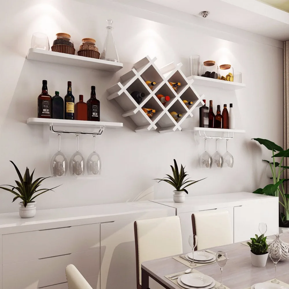 

Goplus Set of 5 Wall Mount Wine Rack Set w/ Storage Shelves and Glass Holder White Modern kitchen furniture HW57392WH