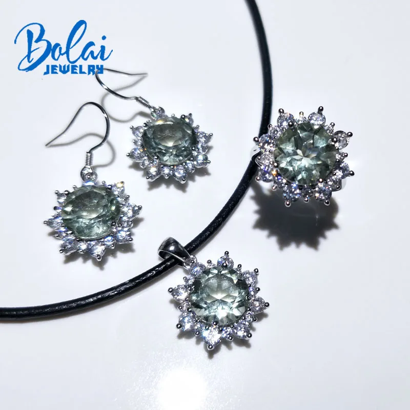 

Bolaijewelry,natural green amethyst gemstone round 10mm fine jewelry set 925 sterling silver for lady anniversary valentine box