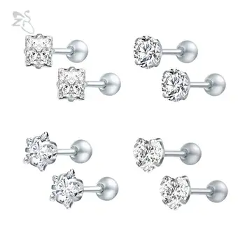 

ZS 4pairs/lot Round Crystals Stud Earrings Stainless Steel Heart Earrings for Women Push Metal Children Earrings pendiente mujer