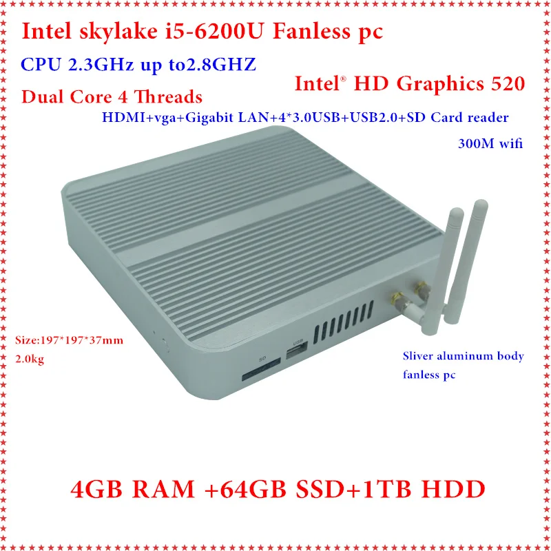 Lowest Price 6th Gen. i5 6200U CPU Fanless Mini PC i5 SKYLAKE Nettop HTPC 4GB RAM +64GB+1TB HDD Blu-ray Micro PC Small Size Mini Computers Lowest Price 6th Gen. i5 6200U CPU Fanless Mini PC i5 SKYLAKE Nettop HTPC 4GB RAM +64GB+1TB HDD Blu-ray Micro PC Small Size Mini Computers