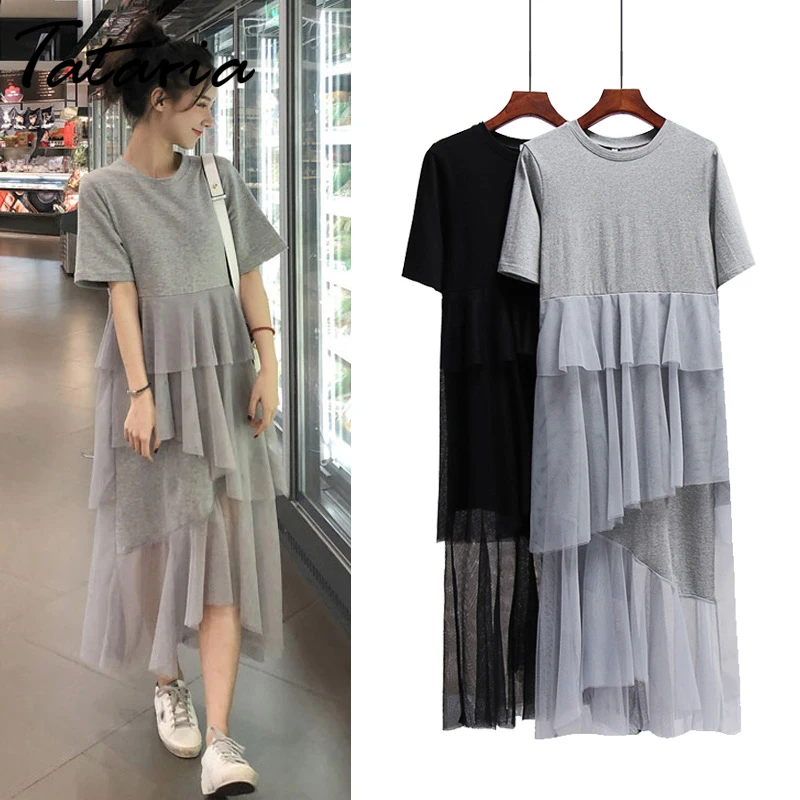 

Tataria Short Sleeve T-shirt Dress Women Ruffles Lace Mesh Dress Patchwork Women O-Neck Loose Casual Long High Street Dress
