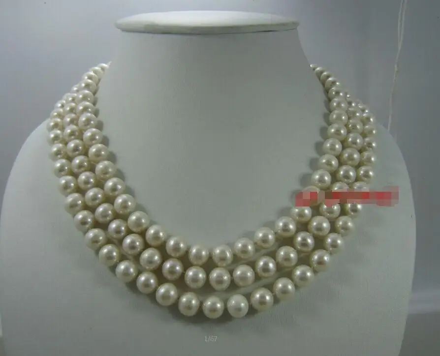 

Hot selling free shipping******AAA Three row 8-9 mm white akoya round pearl necklace 17"-18"-19" 14KGP CLASP