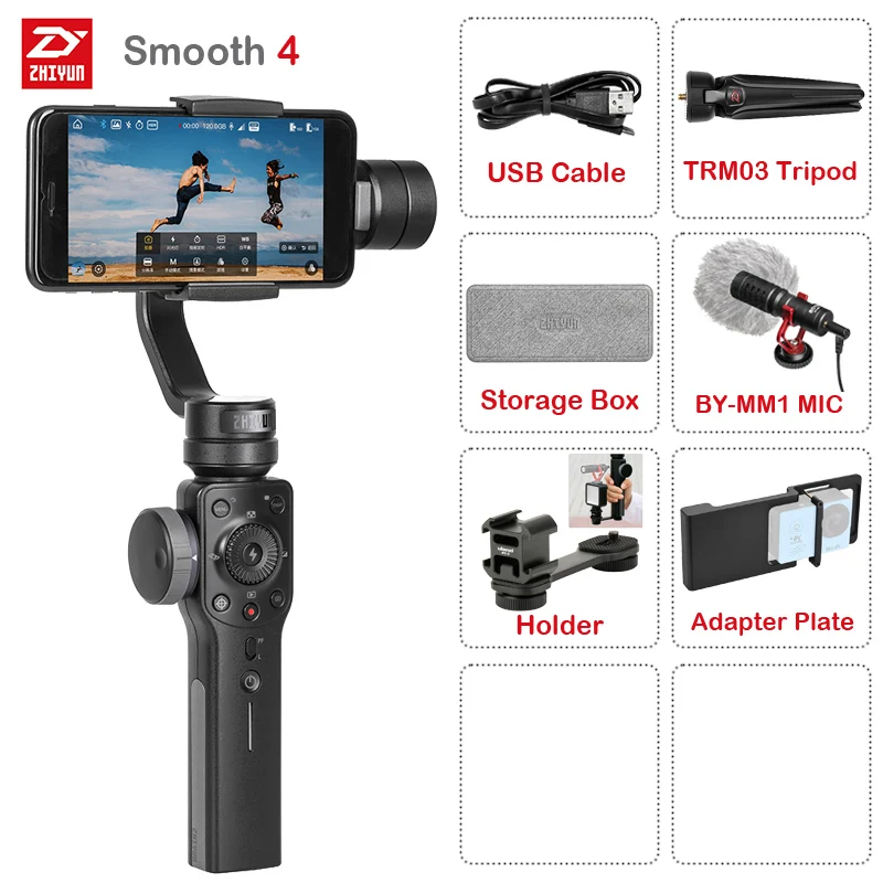 Zhiyun Smooth 4 3-осевой Ручной Стабилизатор на шарнирном замке для смартфона фокусировки камеры для iPhone X 8 7 6 Plus для samsung Galaxy S9+ S9 S8+ S8 - Цвет: Smooth 4 Black-Kit 5