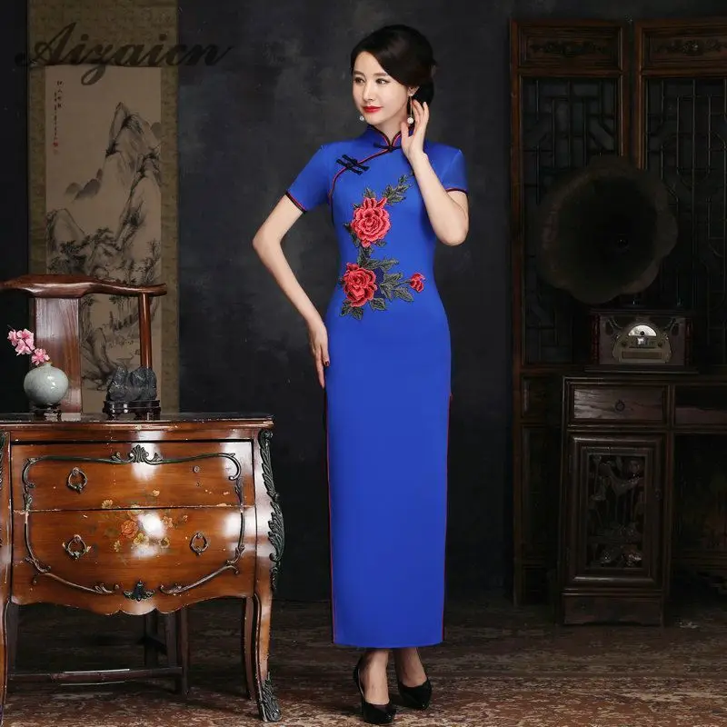 Шелк Длинные Cheongsam Qipao для женщин Формальные Vestidos Красный пикантные китайское традиционное платье костюмы плюс размеры восточные платья