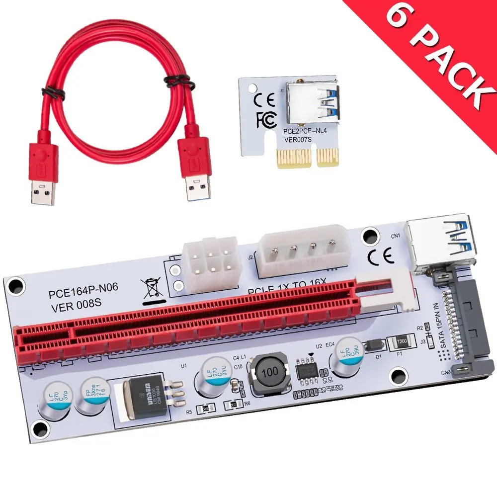 

6-Pack Latest Ver008S Mining Dedicated Riser Card 3 in 1 Molex 4Pin SATA 6Pin USB 3.0 60CM PCI-E Express 1X to 16X Ethereum ETH
